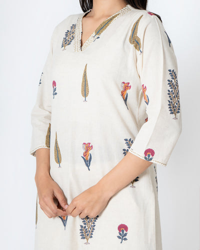 Ivory Motif Handblock Print Cotton Flex Kurta Set