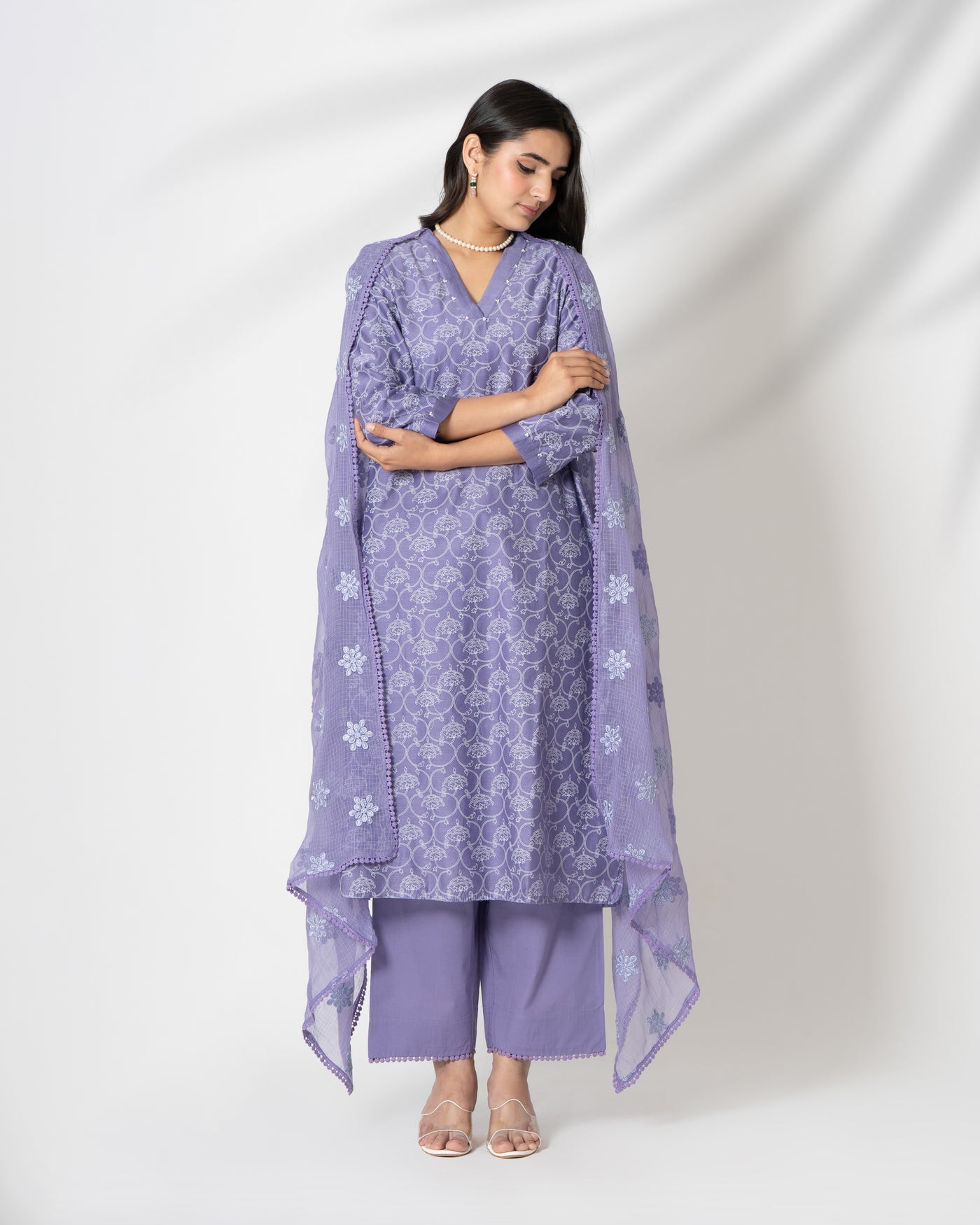 Lavender Purple Floral Handblock Print Chanderi Suit Set