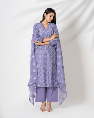 Lavender Purple Floral Handblock Print Chanderi Suit Set