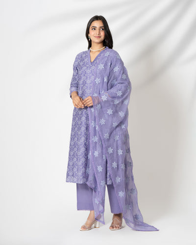 Lavender Purple Floral Handblock Print Chanderi Suit Set