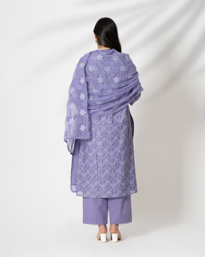 Lavender Purple Floral Handblock Print Chanderi Suit Set