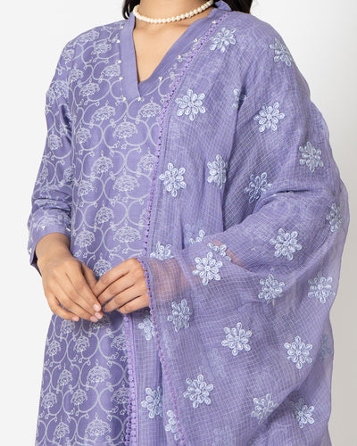 Lavender Purple Floral Handblock Print Chanderi Suit Set