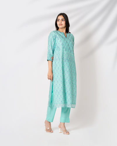 Turquoise Blue Handblock Print Chanderi Kurta Set