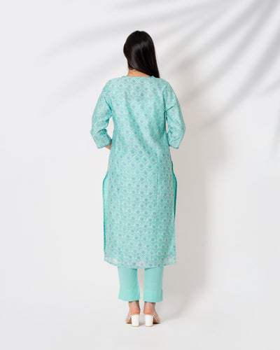 Turquoise Blue Handblock Print Chanderi Kurta Set