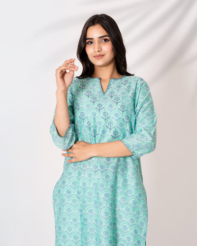 Turquoise Blue Handblock Print Chanderi Kurta Set