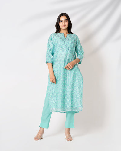 Turquoise Blue Handblock Print Chanderi Kurta Set