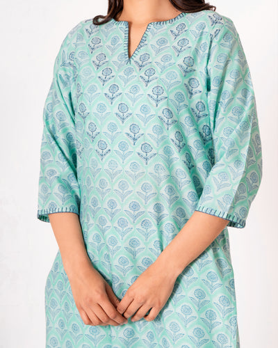 Turquoise Blue Handblock Print Chanderi Kurta Set