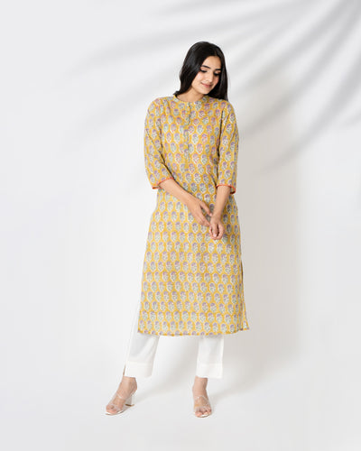 Mustard Merry Handblock Print Cotton Kurta Set