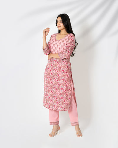 Pale Pink Handblock Print Cotton Kurta Set