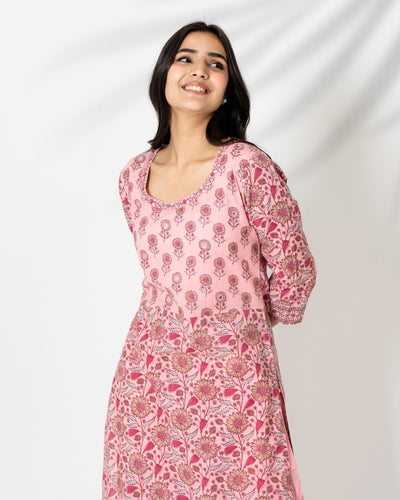 Pale Pink Handblock Print Cotton Kurta Set