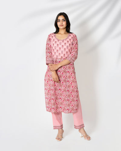 Pale Pink Handblock Print Cotton Kurta Set