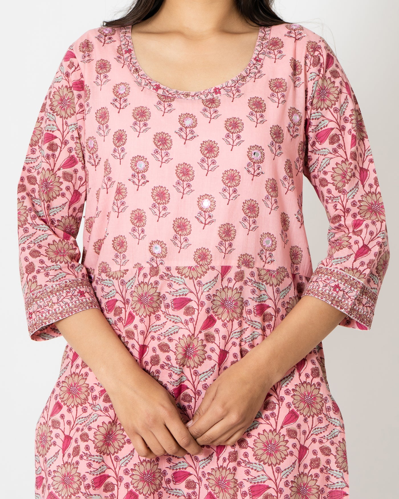 Pale Pink Handblock Print Cotton Kurta Set