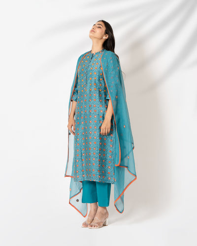 Teal Blue Handblock Print Chanderi Suit Set