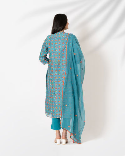 Teal Blue Handblock Print Chanderi Suit Set