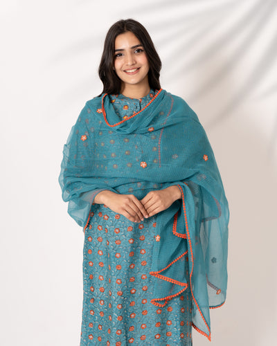 Teal Blue Handblock Print Chanderi Suit Set