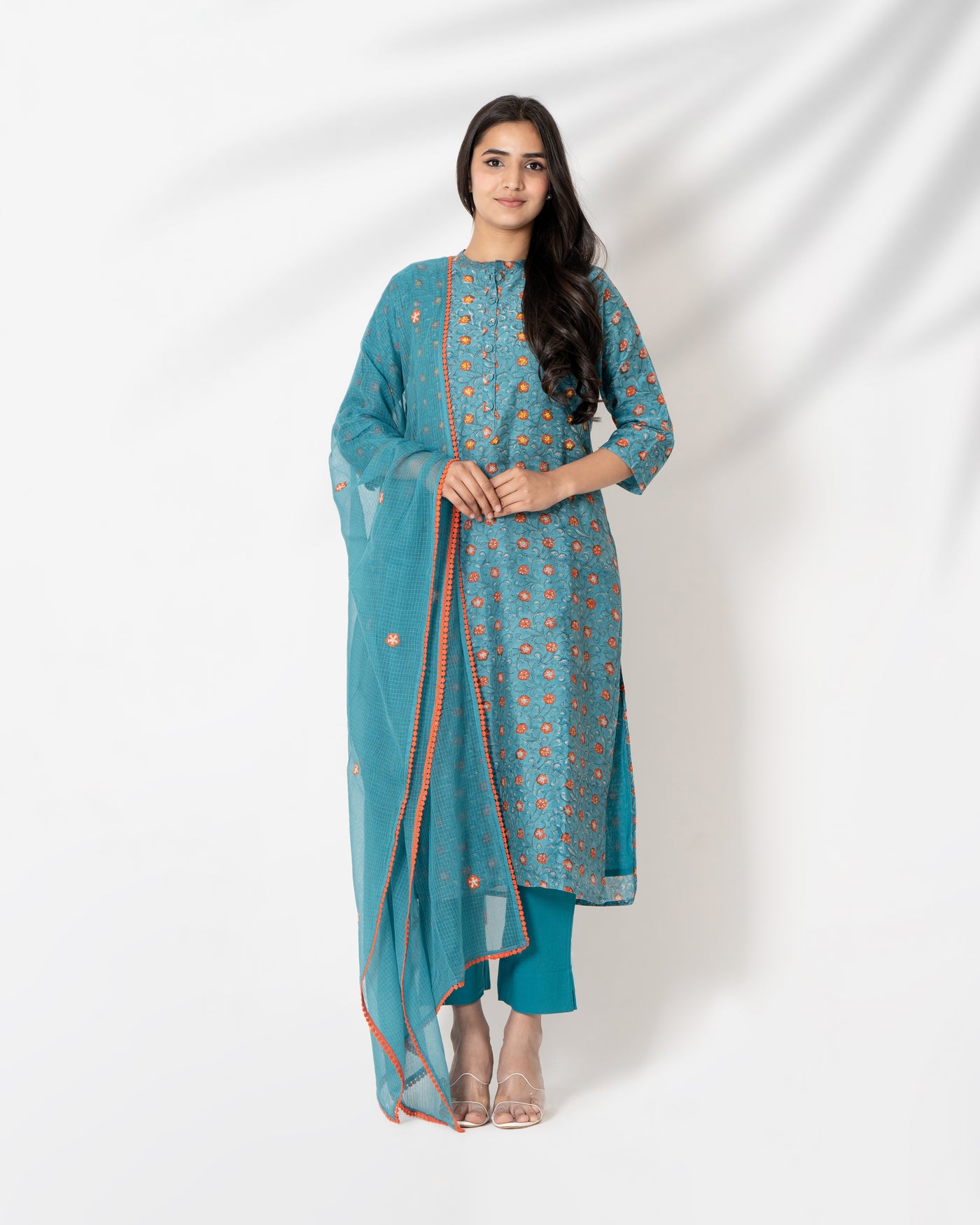 Teal Blue Handblock Print Chanderi Suit Set