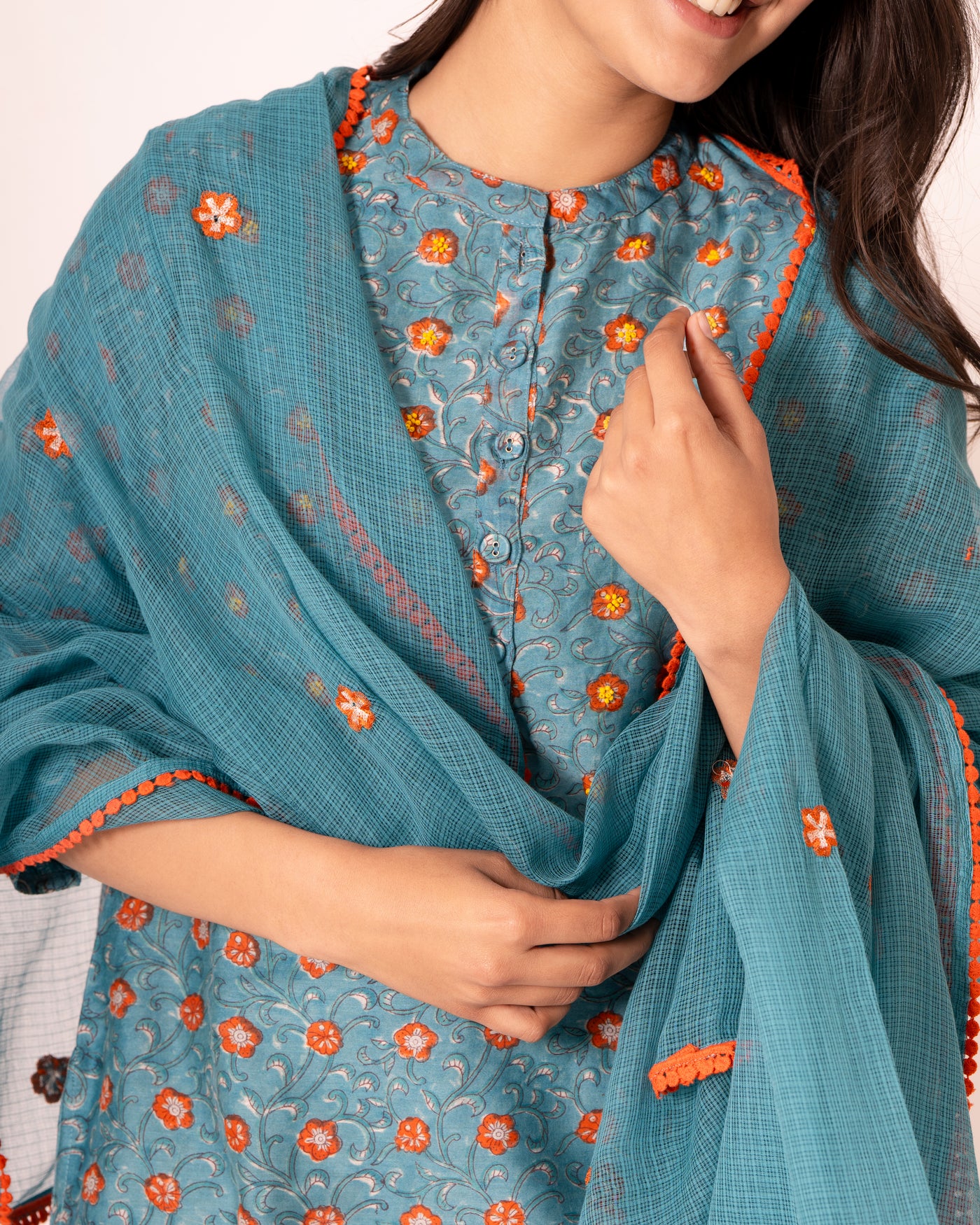 Teal Blue Handblock Print Chanderi Suit Set