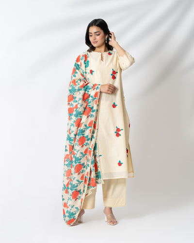 Creamy White Floral Embroidered Chanderi Suit Set