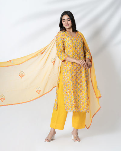 Golden Yellow Handblock Floral Print Chanderi Suit Set