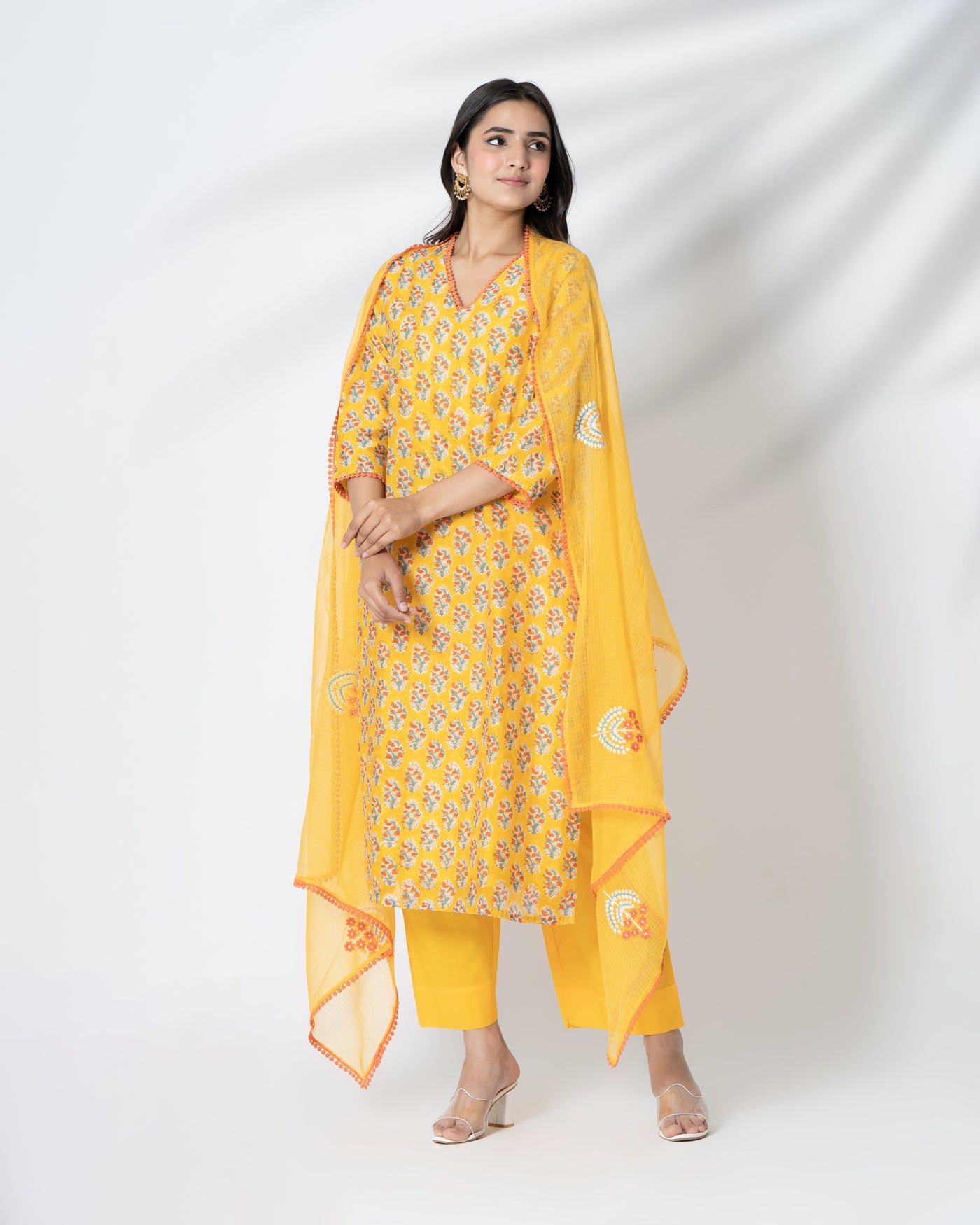 Golden Yellow Handblock Floral Print Chanderi Suit Set