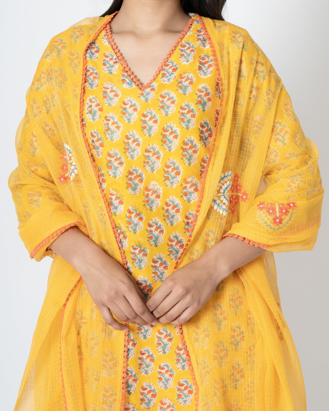 Golden Yellow Handblock Floral Print Chanderi Suit Set