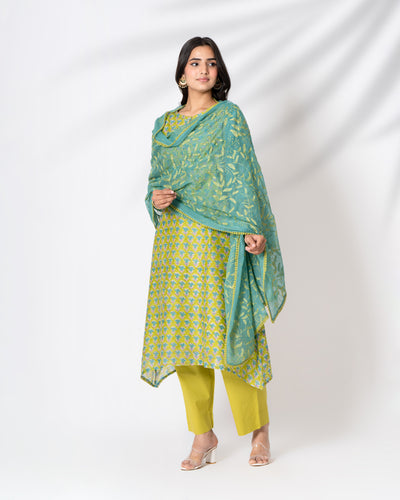 Olive Garden Handblock Print Chanderi Suit Set