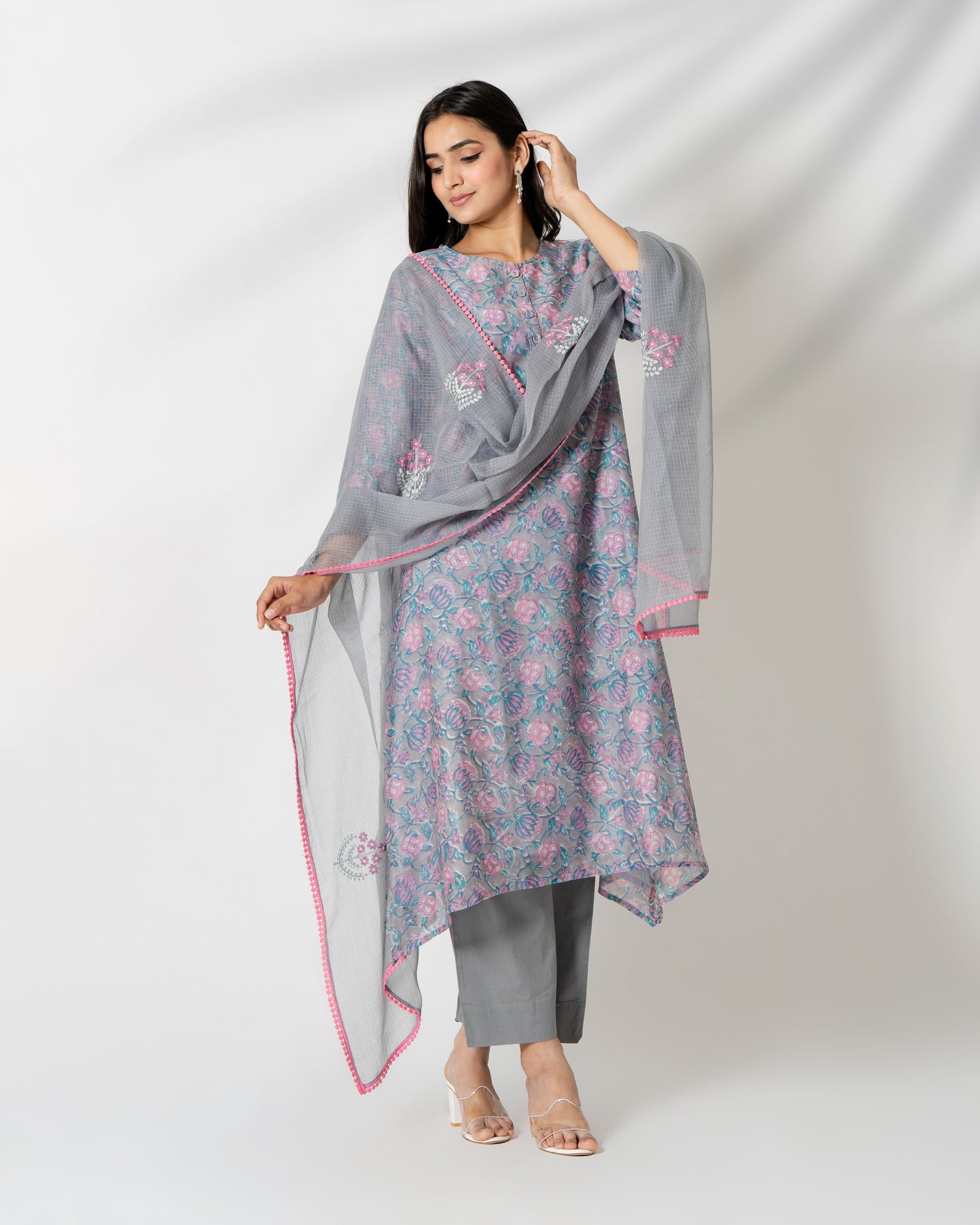 Gray Garden Handblock Floral Print Chanderi Suit Set