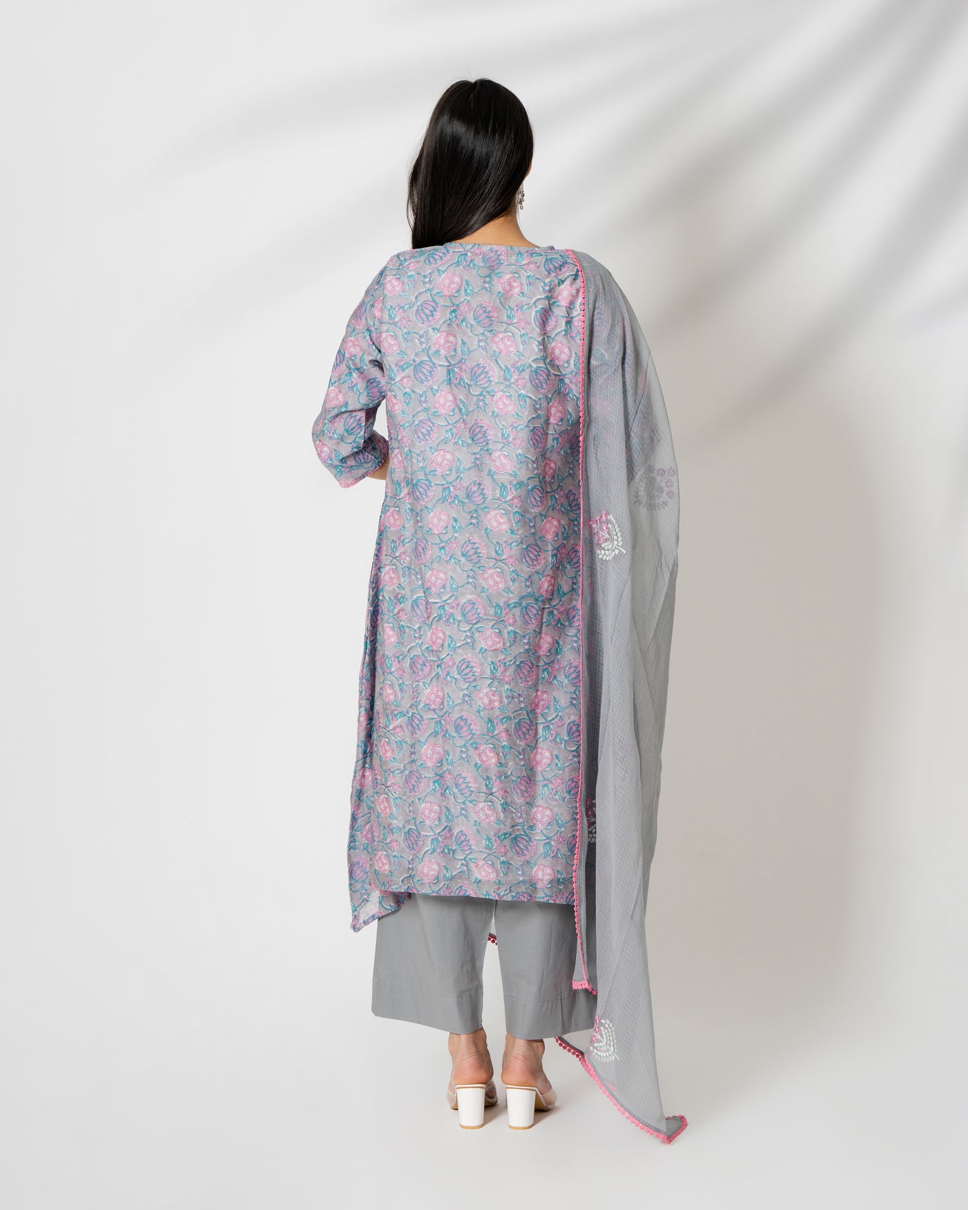 Gray Garden Handblock Floral Print Chanderi Suit Set