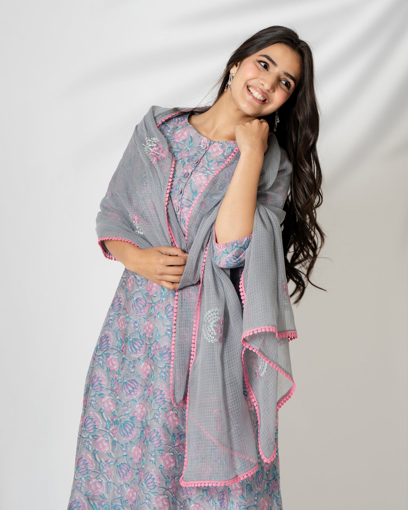 Gray Garden Handblock Floral Print Chanderi Suit Set