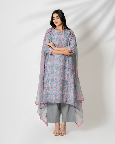 Gray Garden Handblock Floral Print Chanderi Suit Set