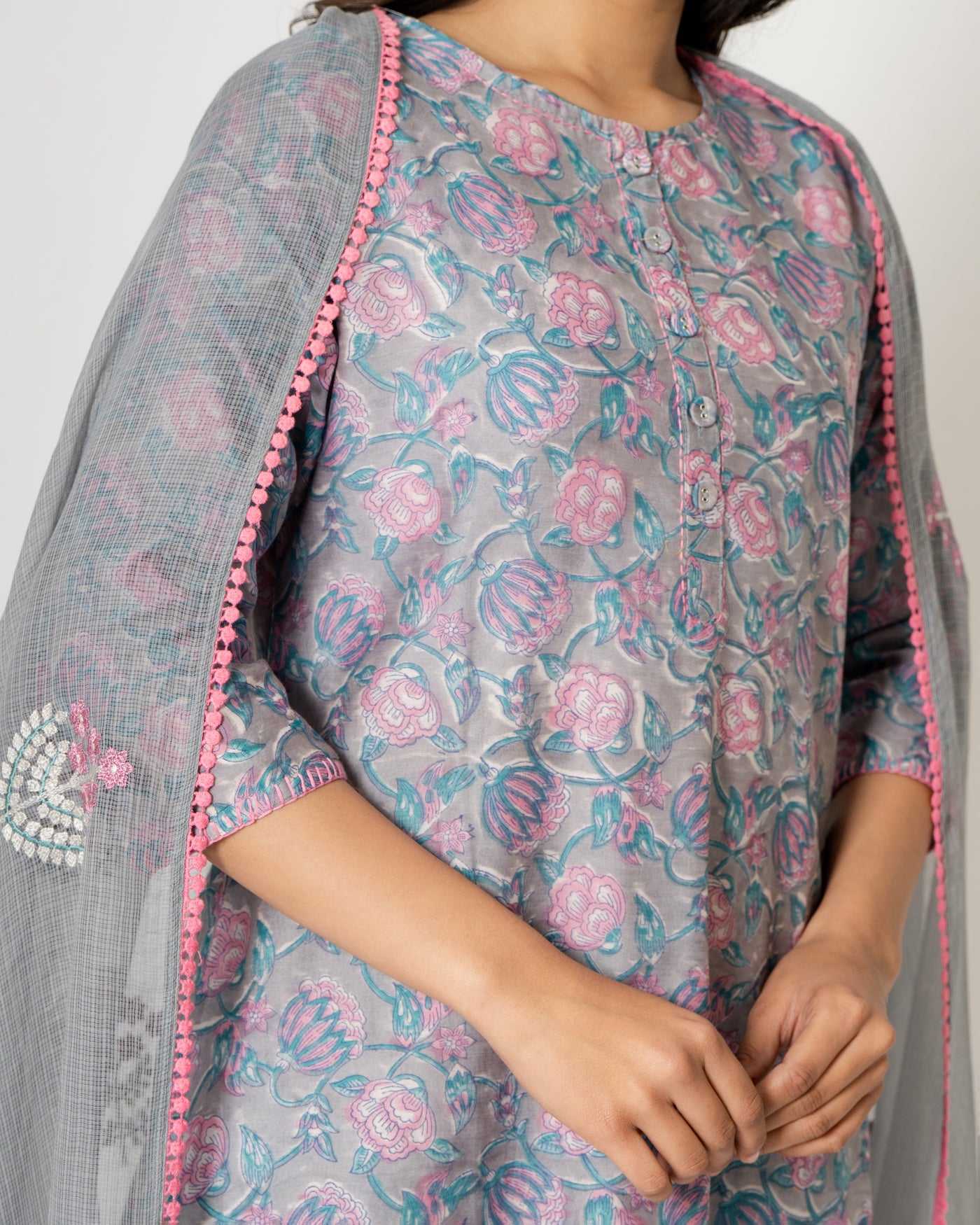 Gray Garden Handblock Floral Print Chanderi Suit Set