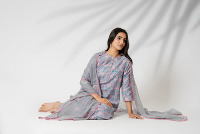 Gray Garden Handblock Floral Print Chanderi Suit Set