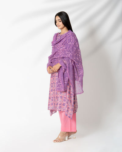 Fuchsia Purple Floral Handblock Print Chanderi Suit Set