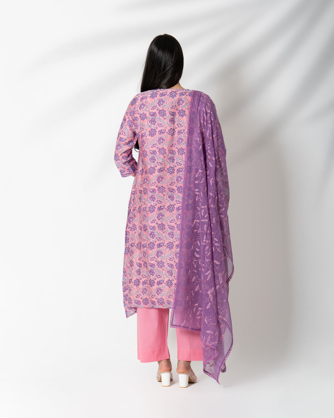 Fuchsia Purple Floral Handblock Print Chanderi Suit Set