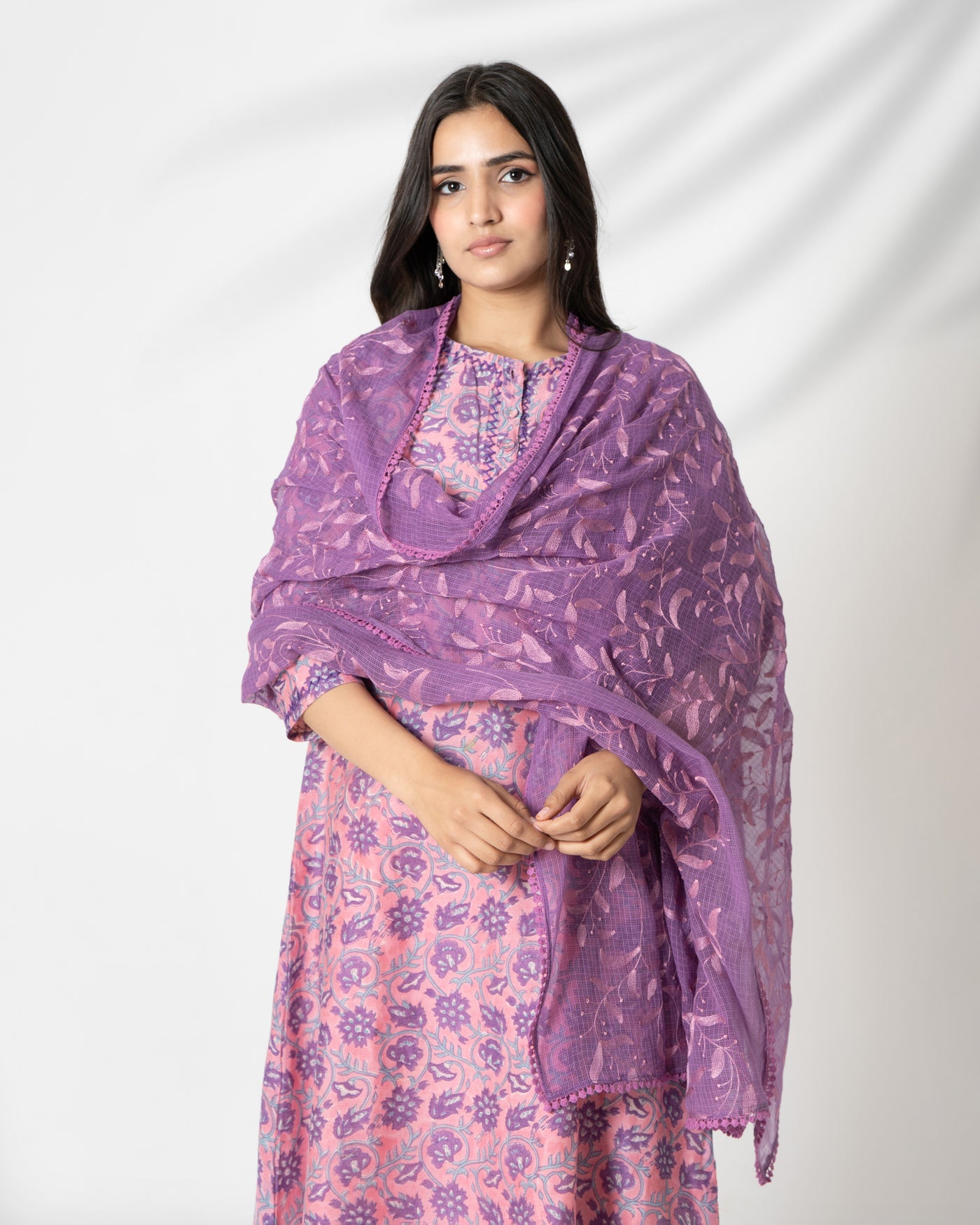 Fuchsia Purple Floral Handblock Print Chanderi Suit Set