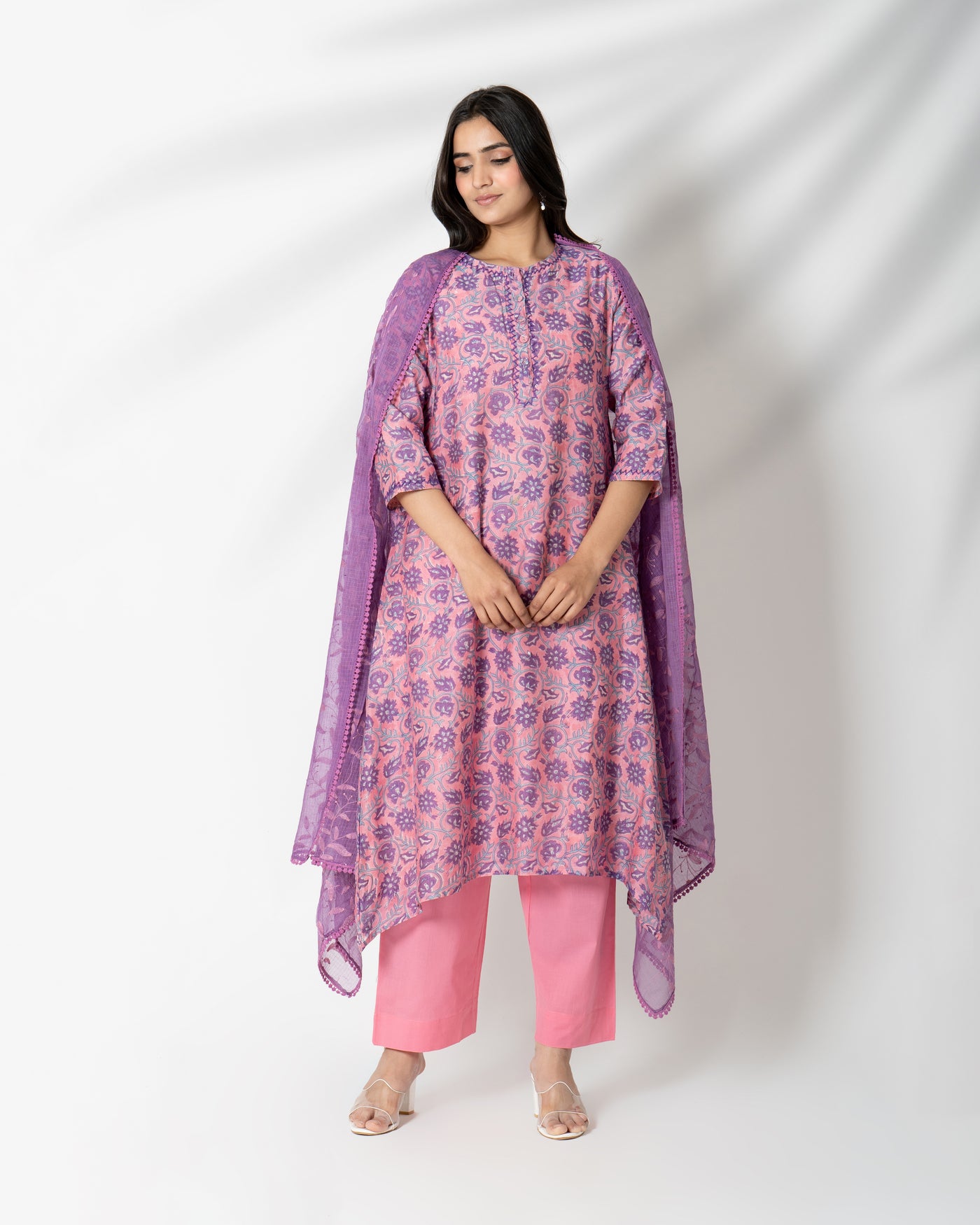 Fuchsia Purple Floral Handblock Print Chanderi Suit Set