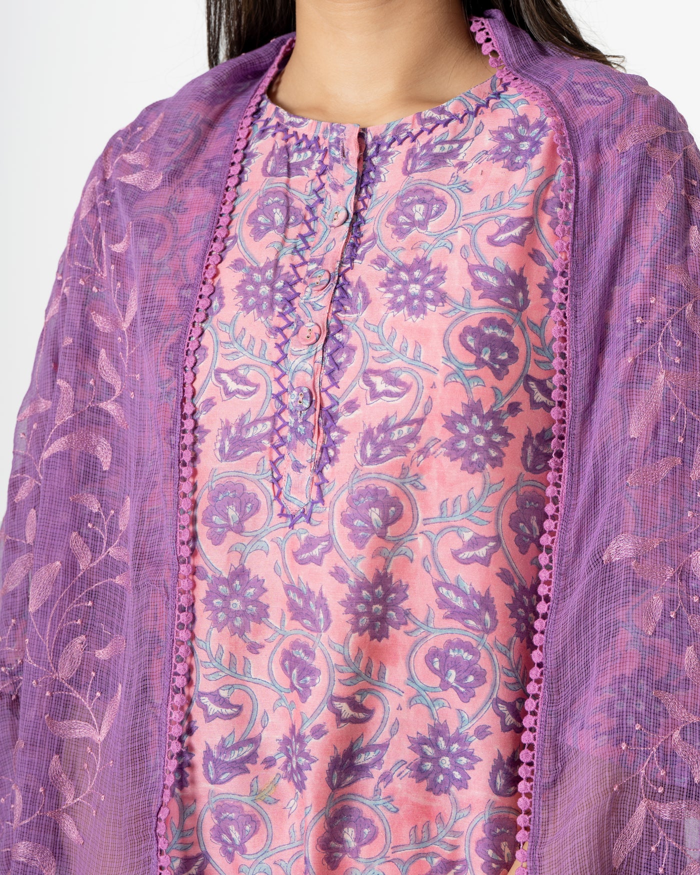 Fuchsia Purple Floral Handblock Print Chanderi Suit Set