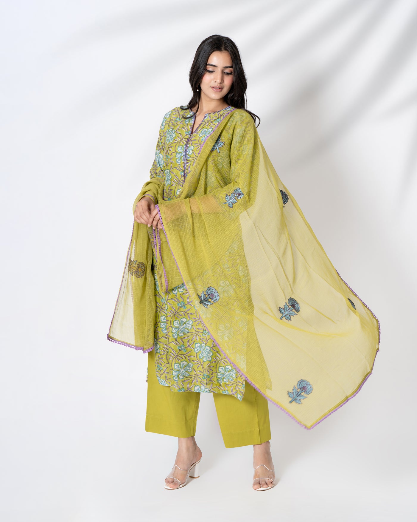 Blooming Olive Floral Handblock Print Chanderi Suit Set