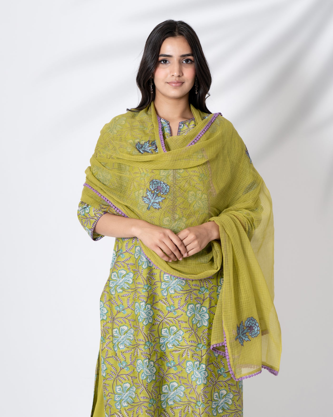 Blooming Olive Floral Handblock Print Chanderi Suit Set