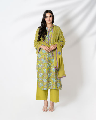 Blooming Olive Floral Handblock Print Chanderi Suit Set