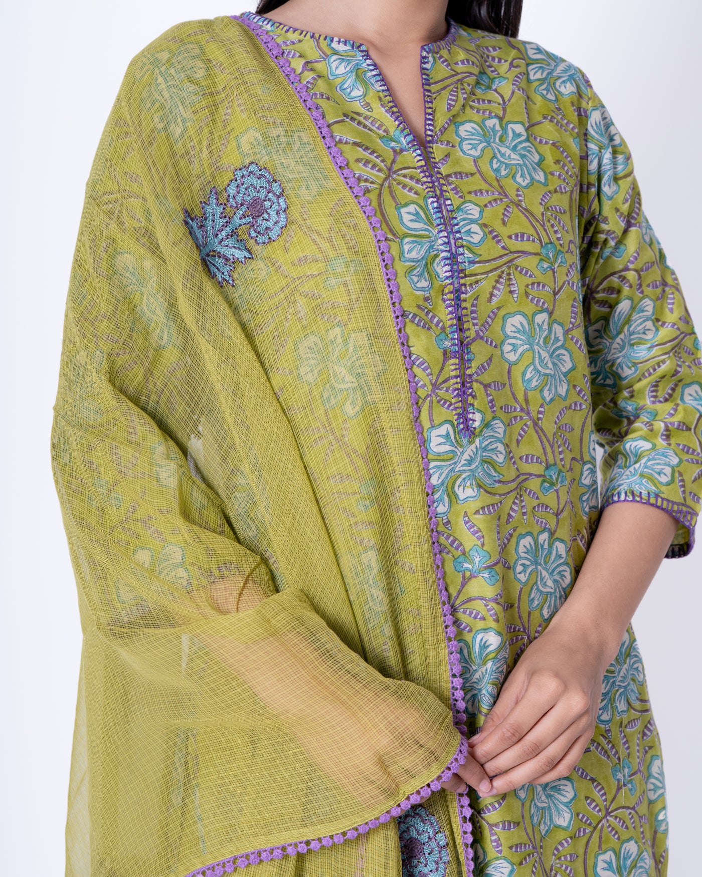 Blooming Olive Floral Handblock Print Chanderi Suit Set