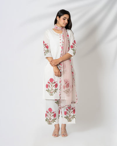 Serene White Floral Handblock Print Cotton Suit Set