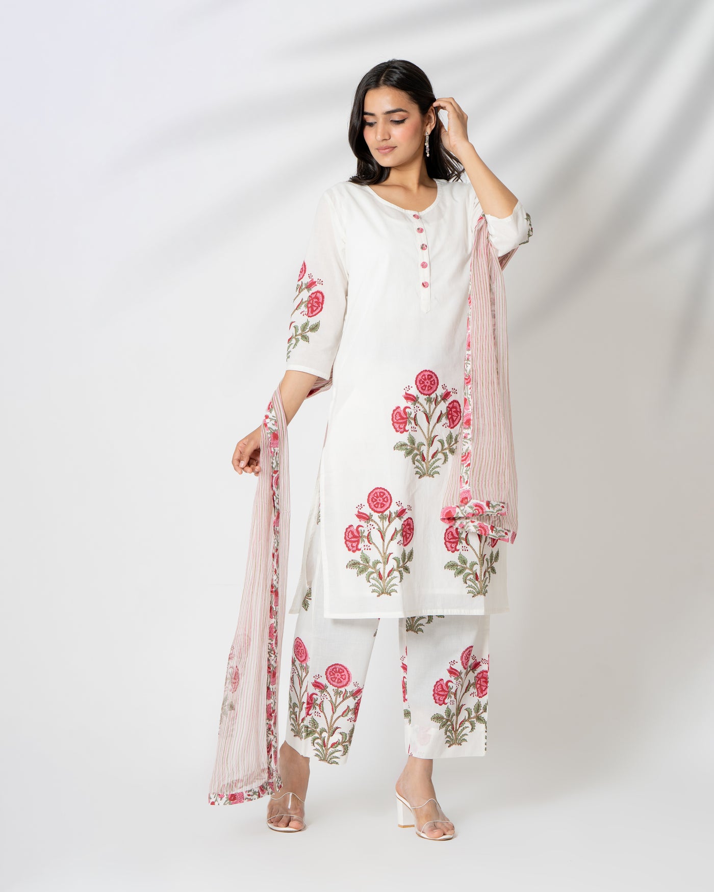 Serene White Floral Handblock Print Cotton Suit Set