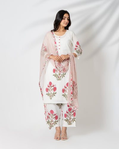 Serene White Floral Handblock Print Cotton Suit Set