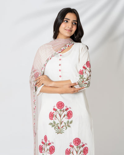 Serene White Floral Handblock Print Cotton Suit Set