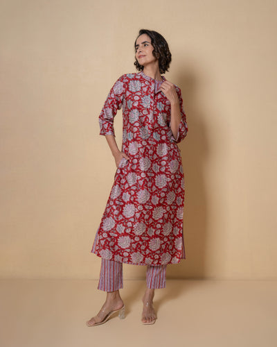 Floral Garnet Block Print Layered Chanderi Kurta Set