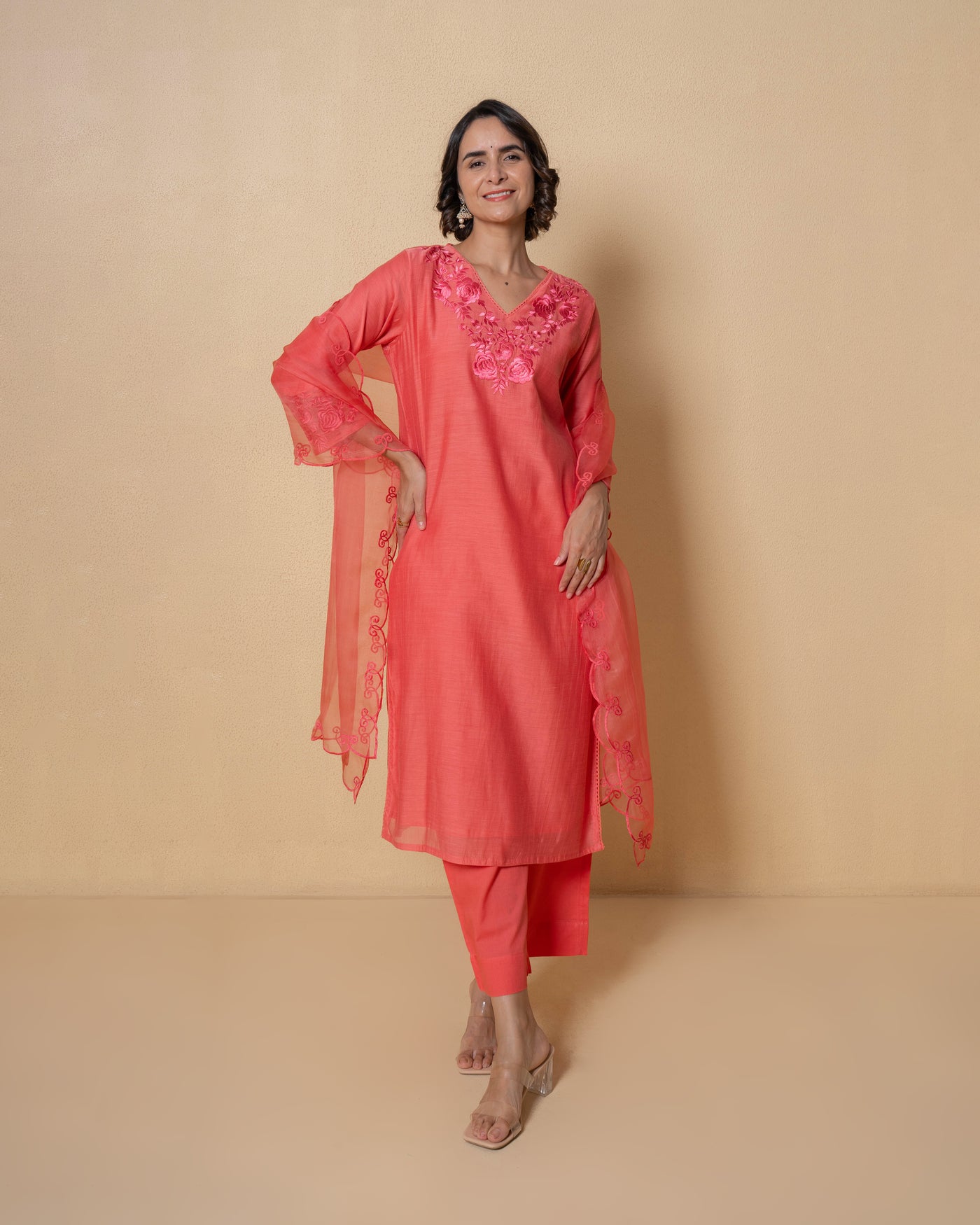 Sunset Coral Embroidered Chanderi Suit Set