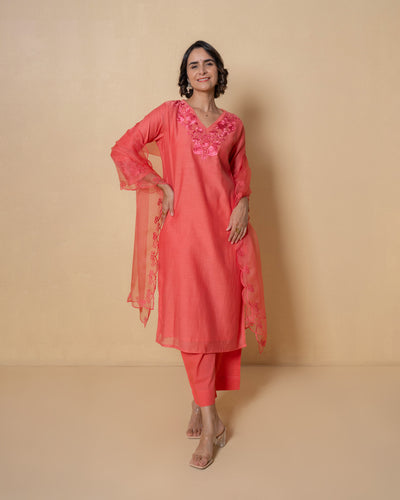 Sunset Coral Embroidered Chanderi Suit Set