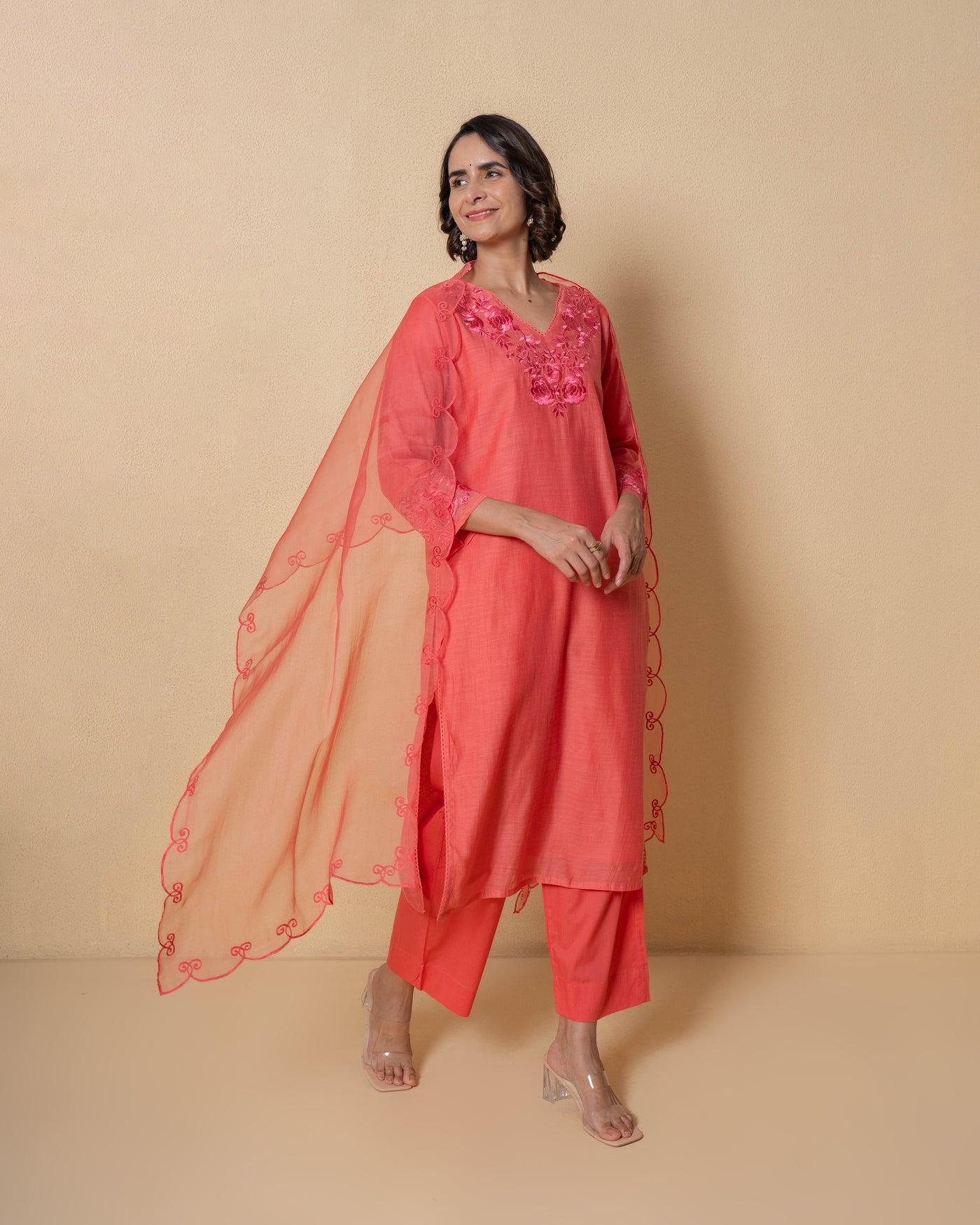 Sunset Coral Embroidered Chanderi Suit Set