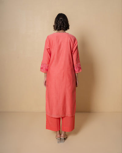 Sunset Coral Embroidered Chanderi Suit Set